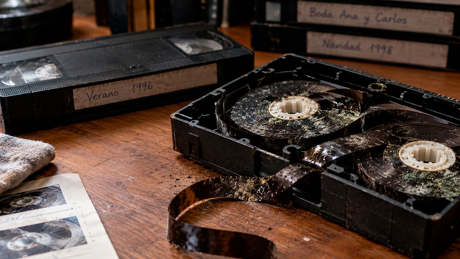 Cinta VHS deteriorada y abierta mostrando la banda magnética